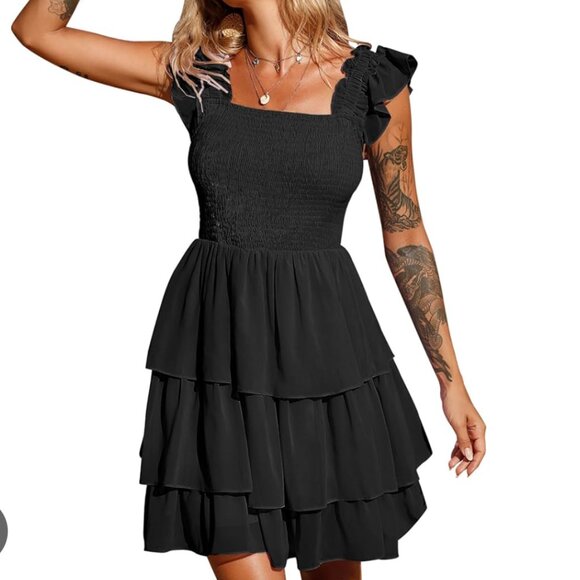 Women Byinns Square Neck Sleeveless Ruffle Dress in Black Size Small - Picture 1 of 8